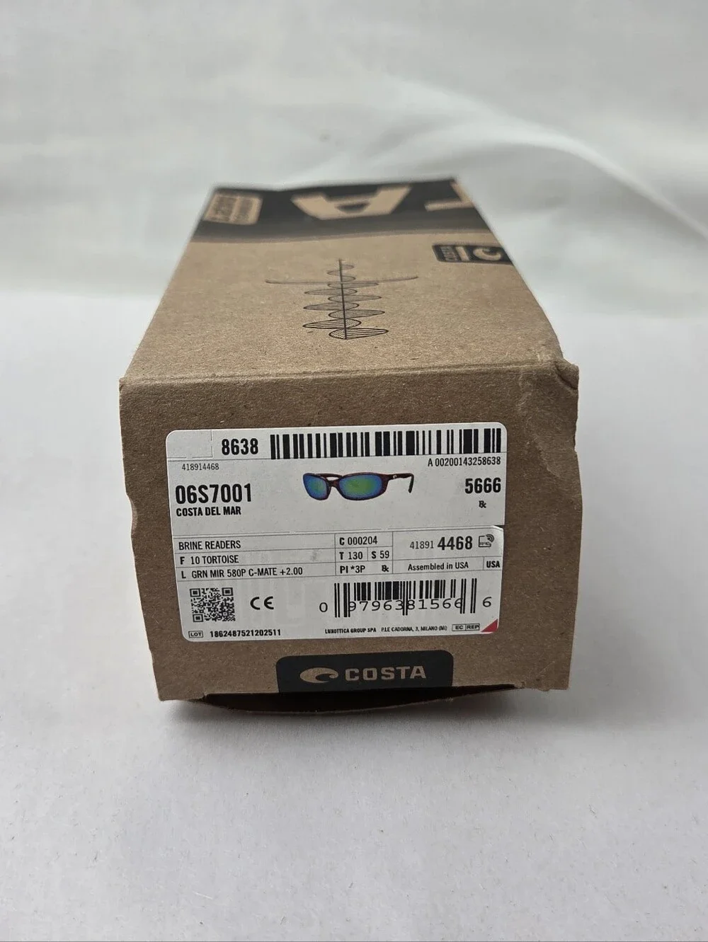 Costa Sunglasses Brine 06S7001 +2.00 Bifocals Readers Shiny Tortoise 580P